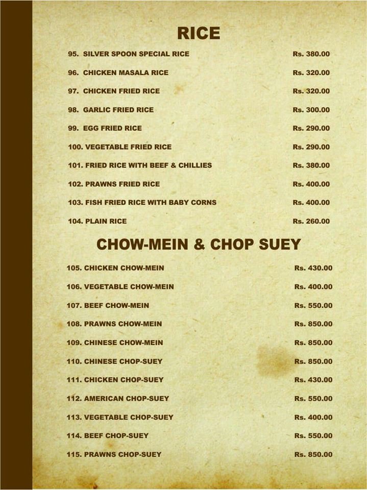 Silver Spoon Menu Food Pakistan