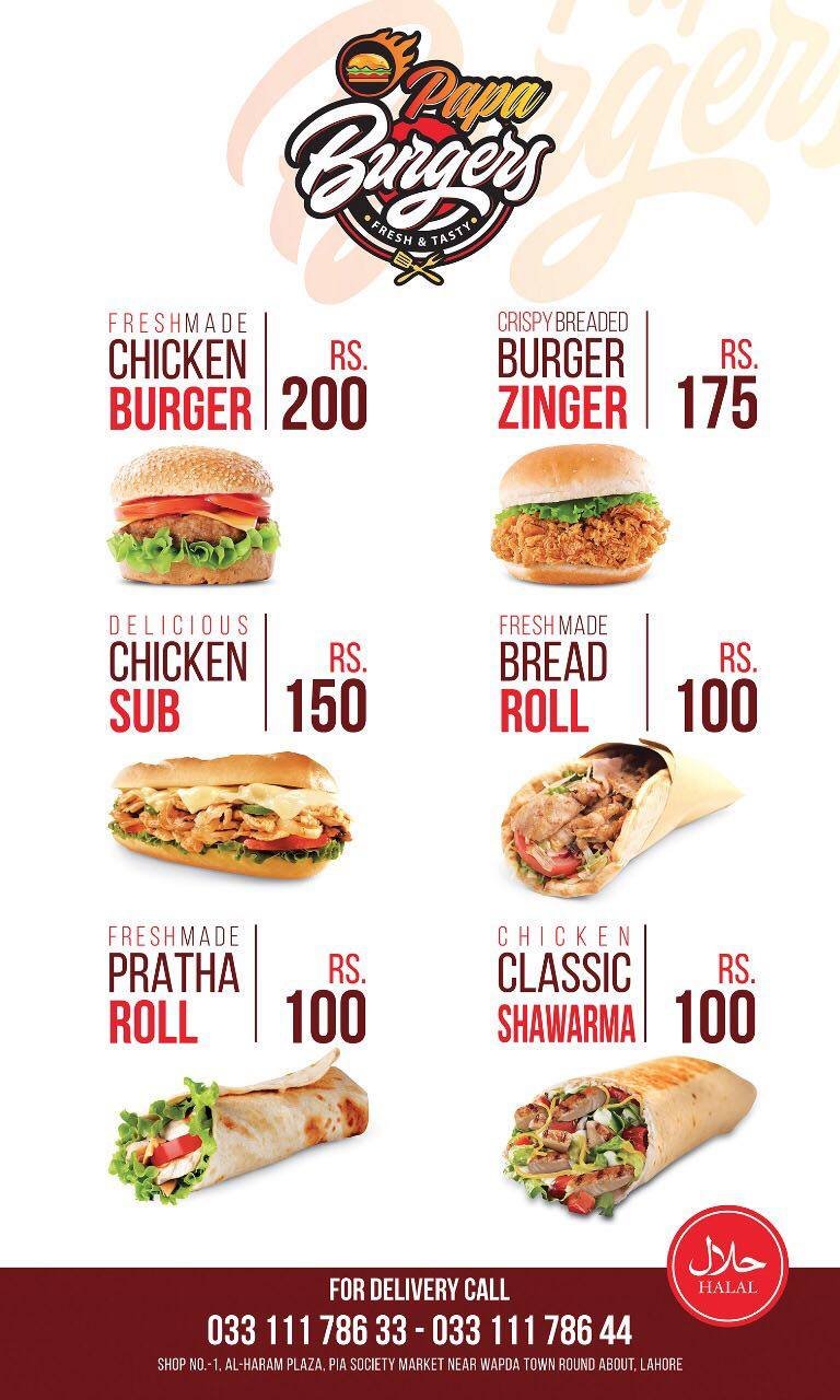 Papa Burgers Menu Food Pakistan
