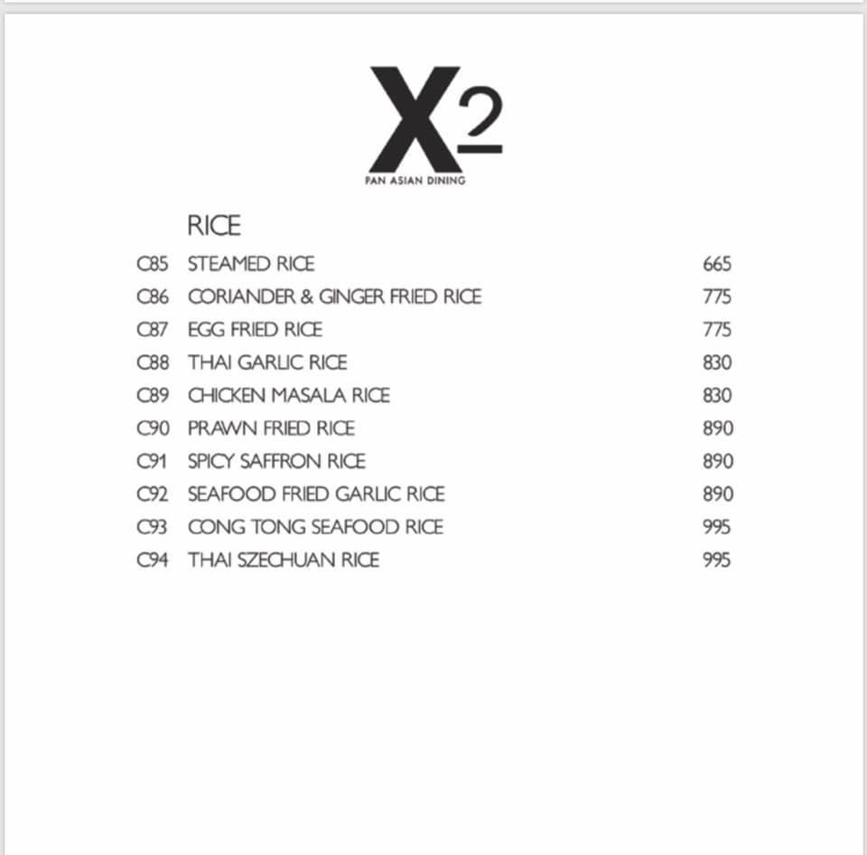 X2 Pan Asian Dining Menu