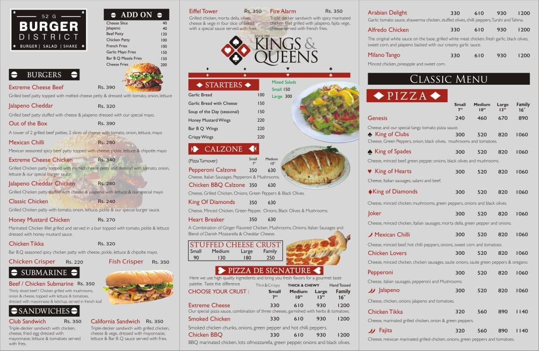 Kings and Queens Gulberg Center Menu