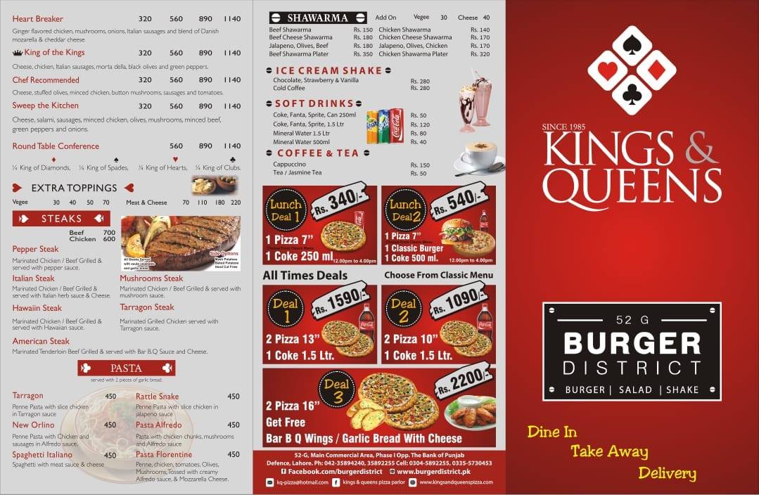 Kings and Queens Gulberg Center Menu