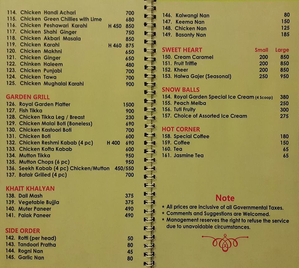 Hotel Royal Garden Gujranwala Menu