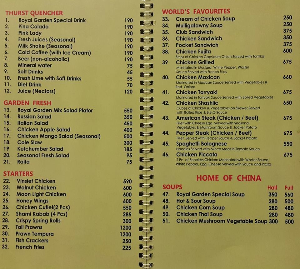 Hotel Royal Garden Gujranwala Menu