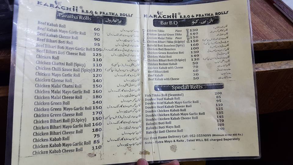 Karachii BBQ and Pratha Rolls Menu