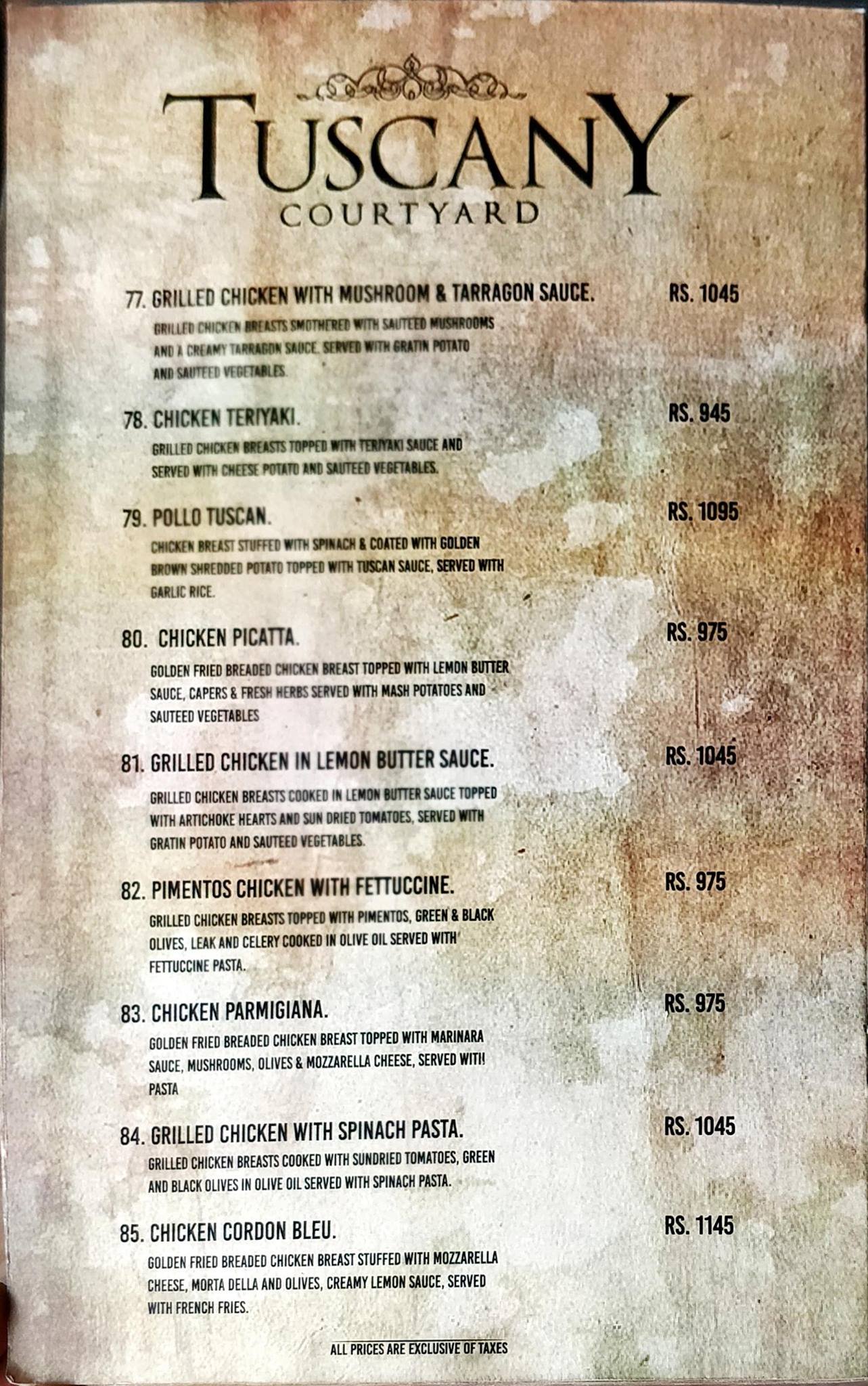 Tuscany Courtyard-Lahore Menu