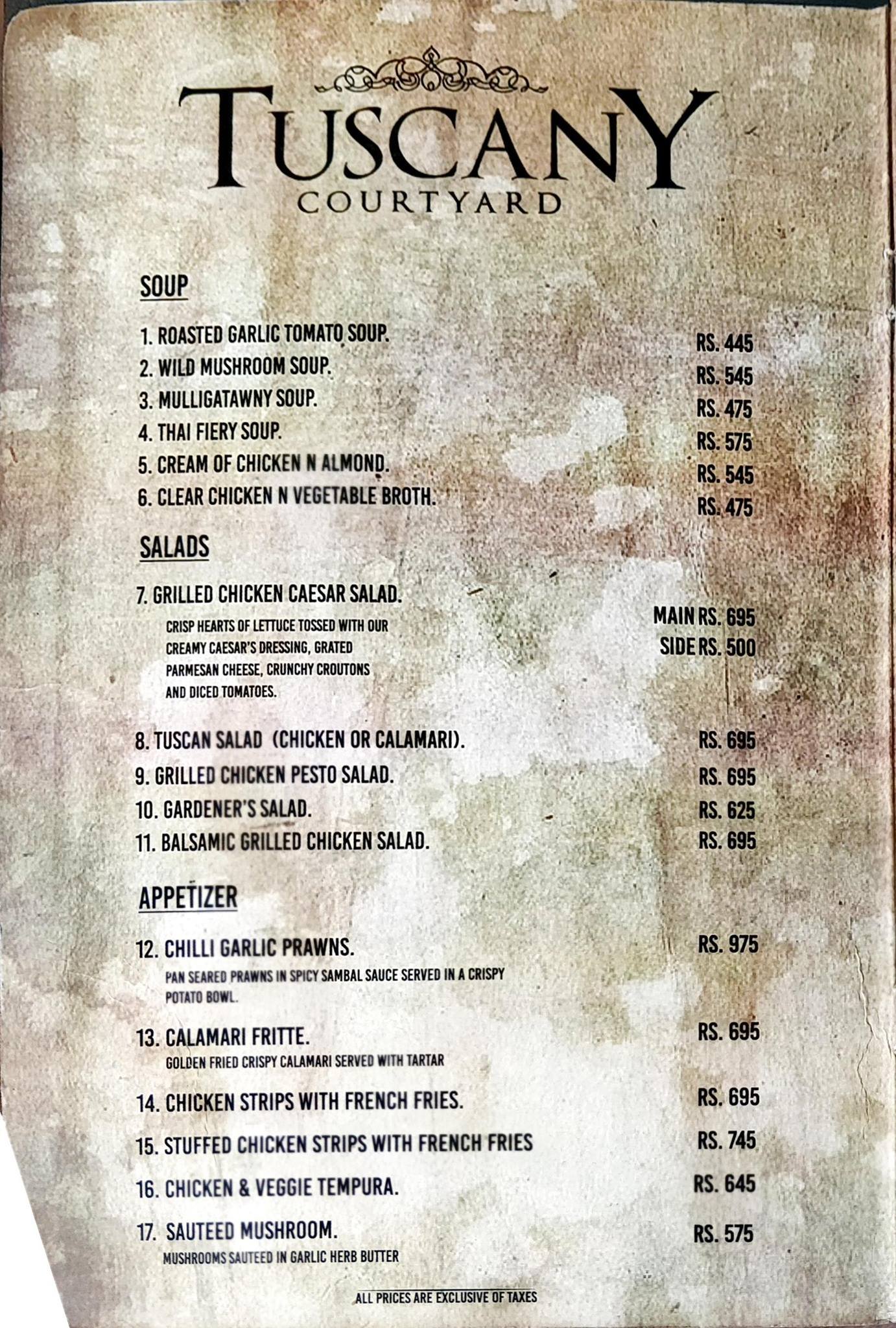 Tuscany Courtyard-Lahore Menu