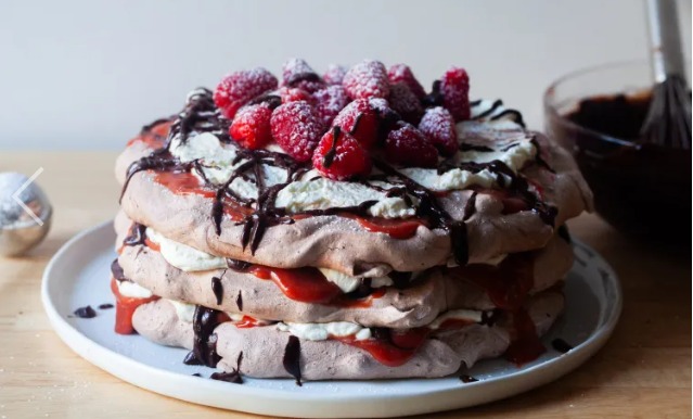 "Indulgent Delight: Chocolate Raspberry Pavlova Stack Recipe"