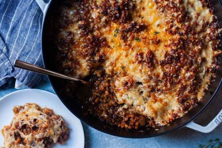 Satisfying Comfort French Onion Baked Lentils and Farro