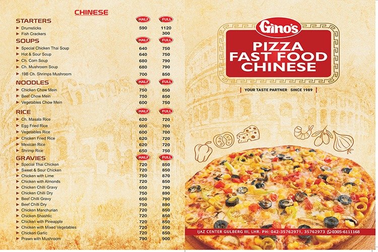 Ginos Pizza menu page 1