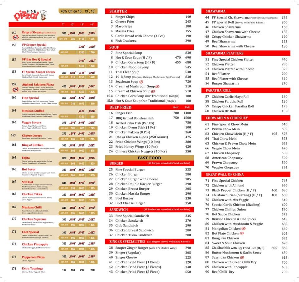 Fine Pizza Link Road menu page 1