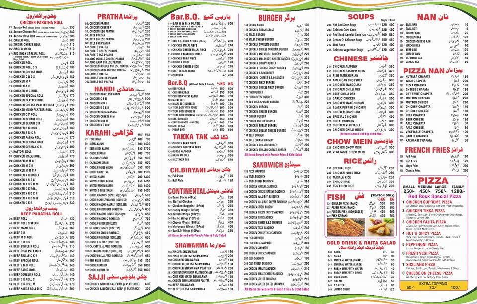 Karachi Red Rock menu page 1