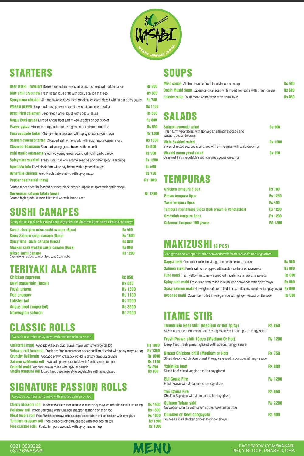 Wasabi menu page 1
