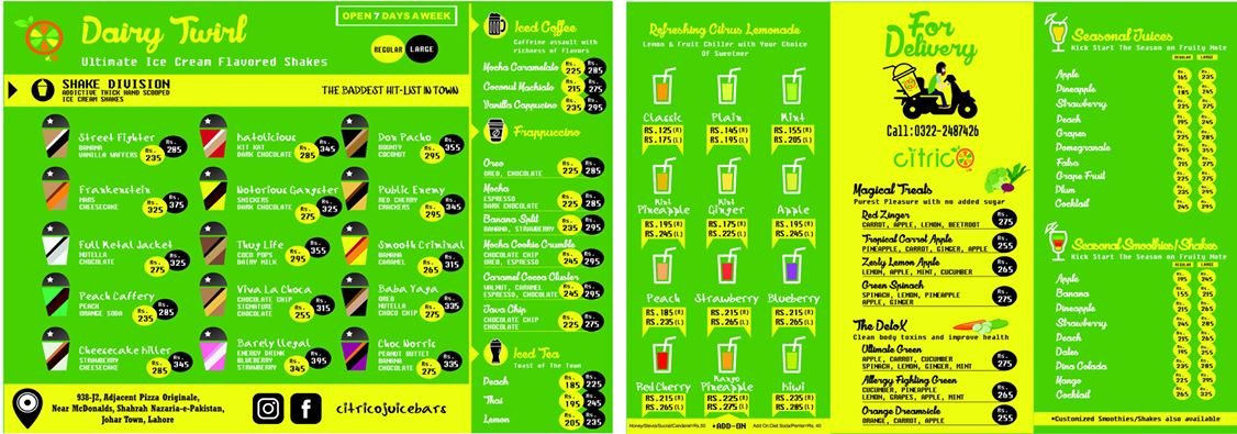 CitricO Juice Bars menu page 1