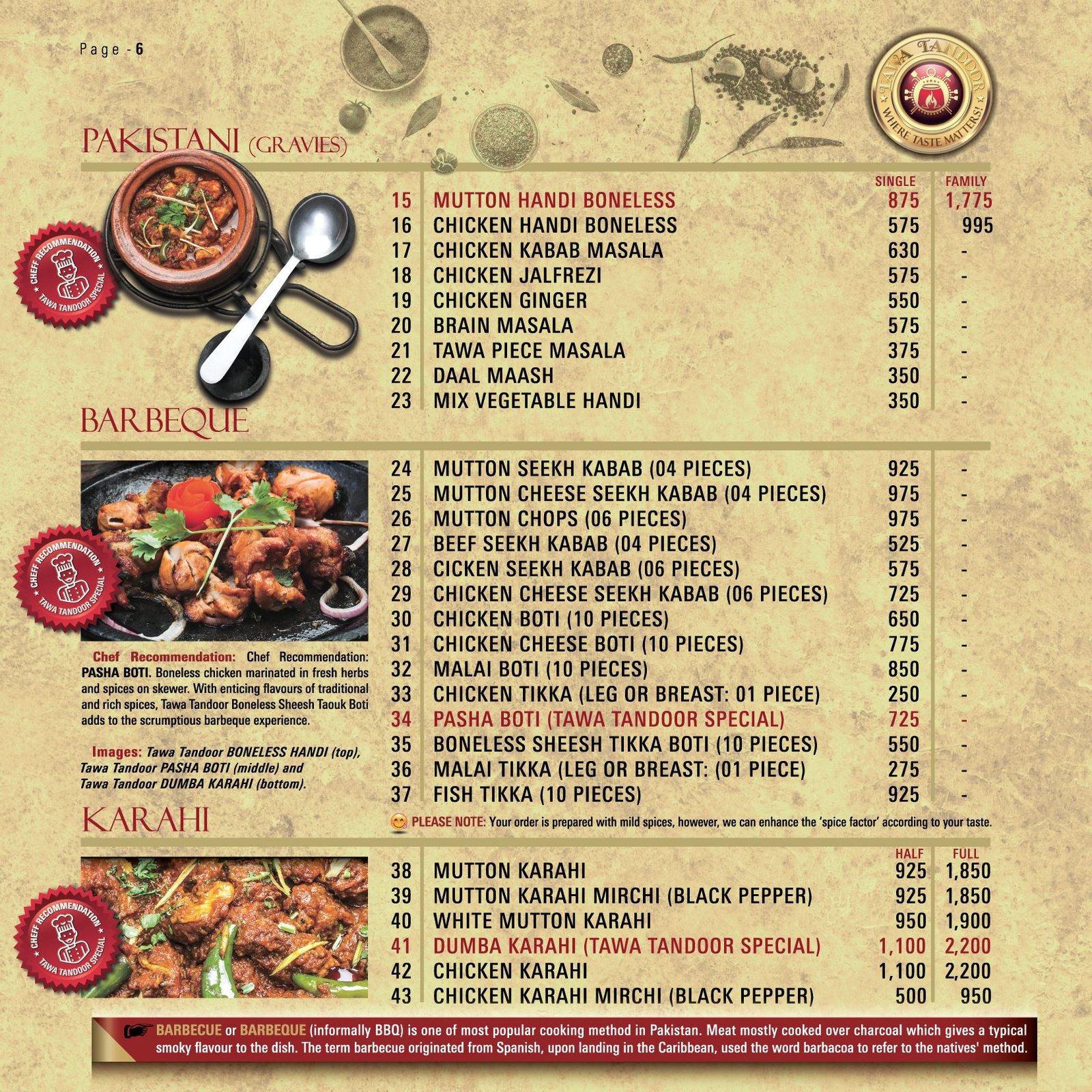 Tawa Tandoor menu page 1